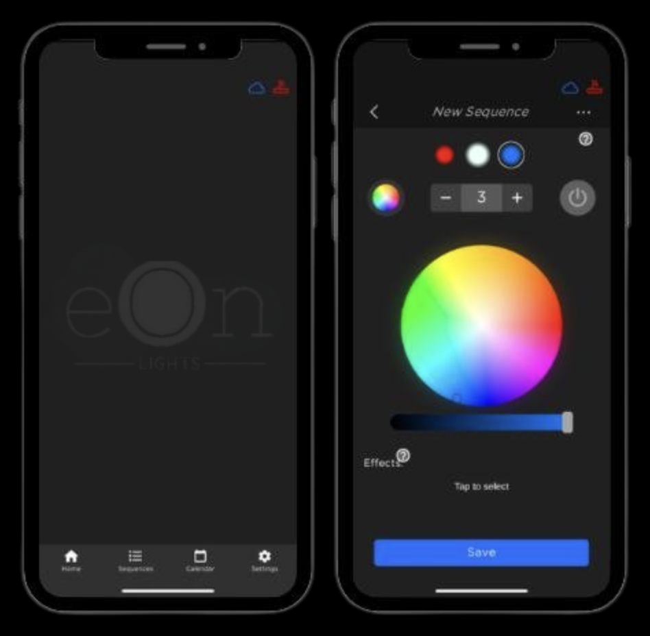 EON app — color wheel and sequence controls